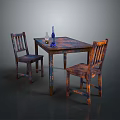 Vintage Dining Table Set with Two Distressed Wood Chairs and Blue Decorative Bottle