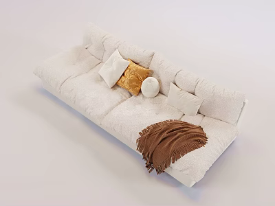 Cozy White Two-Seater Sofa with Plush Pillows Round Cushion and Brown Throw Blanket 3d model