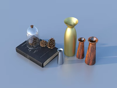 Decorative Household Items With Black Book Glass Cloche Pinecones Silver Container Gold And Wooden Vases 3d model