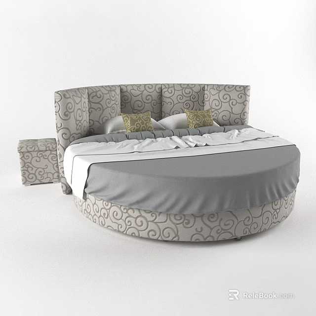 Elegant Round Double Bed With Curved Pattern Pillows And Matching Nightstand 3d model 