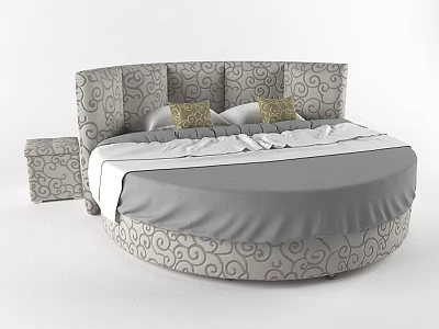 Elegant Round Double Bed With Curved Pattern Pillows And Matching Nightstand 3d model