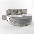 Elegant Round Double Bed With Curved Pattern Pillows And Matching Nightstand 3d model
