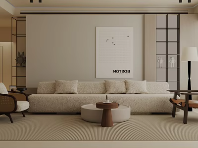 Modern Living Room Interior Design With Beige Sofa Pillows Round Coffee Table And Decorative Painting 3d model