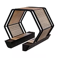 Modern Outdoor Landscape Seats With Hexagonal Metal Frame Wooden Slats And Concrete Paving