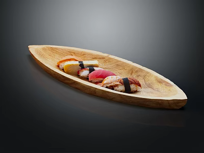 Delicious Assorted Sushi Pieces Artfully Arranged on Wooden Boat Shaped Plate 3d model