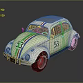 Vintage White Beetle Car With Red And Blue Stripes And Number 53