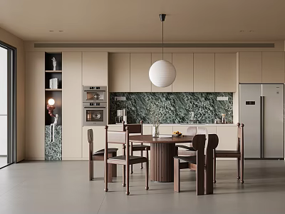 Modern Restaurant Interior With Round Wooden Dining Table Chairs Pendant Light Green Marble Backsplash And Cabinets 3d model