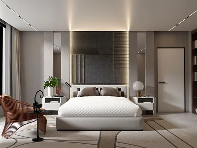 Modern Bedroom Interior With Large Bed Decorative Wall Nightstands Lamp Potted Plant And Accent Chair 3d model