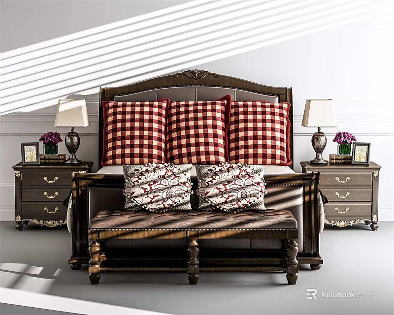 Classic Double Bed Interior With Headboard Plaid Pillows Nightstands Table Lamps And Footstool 3d model 