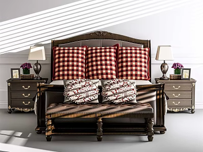Classic Double Bed Interior With Headboard Plaid Pillows Nightstands Table Lamps And Footstool 3d model