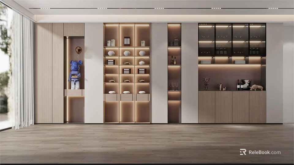 Modern Wooden Wine Cabinet With Layered Shelves And Ambient Lighting Interior Design 3d model 