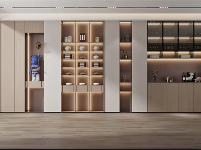 Modern Wooden Wine Cabinet With Layered Shelves And Ambient Lighting Interior Design 3d model