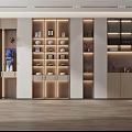Modern Wooden Wine Cabinet With Layered Shelves And Ambient Lighting Interior Design