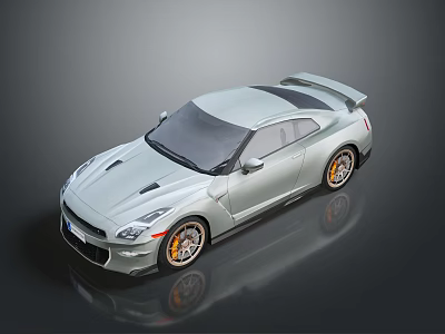 Modern Silver Sports Car Featuring Rear Spoiler And Orange Wheels Exterior Design 3d model