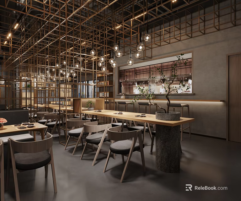 Modern Restaurant Interior Featuring Wooden Ceiling Frames Pendant Lights And Long Dining Tables 3d model 