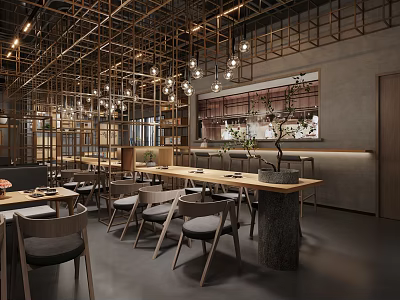 Modern Restaurant Interior Featuring Wooden Ceiling Frames Pendant Lights And Long Dining Tables 3d model