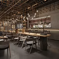Modern Restaurant Interior Featuring Wooden Ceiling Frames Pendant Lights And Long Dining Tables 3d model