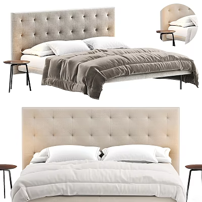 Beige Tufted Upholstered Double Bed With White Sheets Pillows And Nightstand 3d model