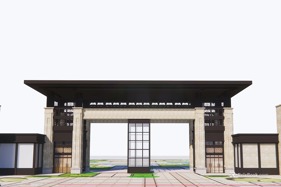 Elegant Chinese Style Entrance Gate With Black Roof Stone Pillars And Glass Door Design 3d model 