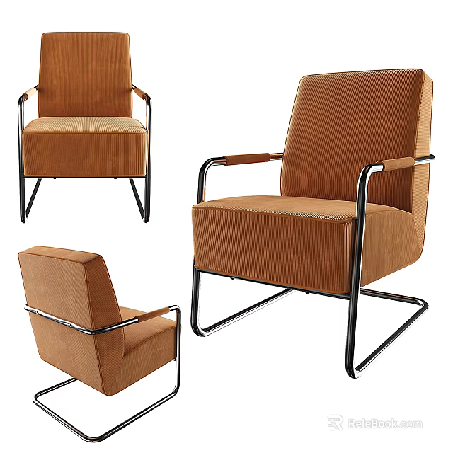 Modern Single Sofa With Brown Upholstery And Metal Frame Displayed In Multiple Angles 3d model