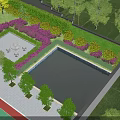 Scenic Park Landscape With Swimming Pool Greenery Trees Tennis Court And Seating Area
