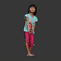 Little Girl Standing In Gray Background Wearing Light Blue Top Pink Pants And Sandals