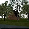 Scenic A Frame Wooden Cabin With Black Roof Large Windows Deck And Green Lakeside Trees