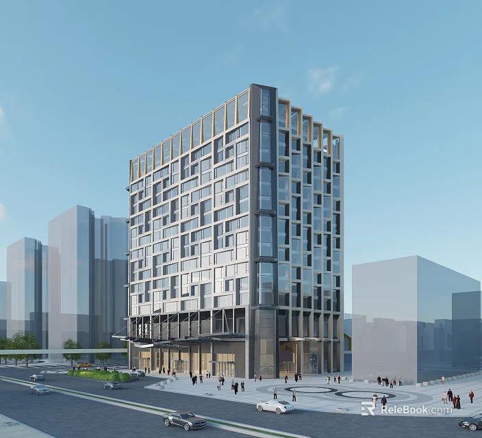 Modern High Rise Hotel Building With Glass Facade In Urban City Featuring Pedestrians On Street 3d model 