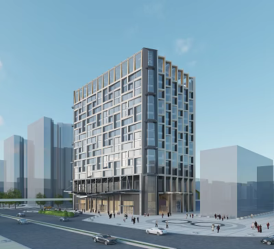 Modern High Rise Hotel Building With Glass Facade In Urban City Featuring Pedestrians On Street 3d model