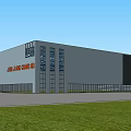 Modern Industrial Factory Building With Gray Exterior Large Glass Windows And Red Signage