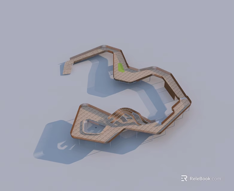 Curved Wooden Hinged Door Design With Waterfront And Green Landscape Elements 3d model