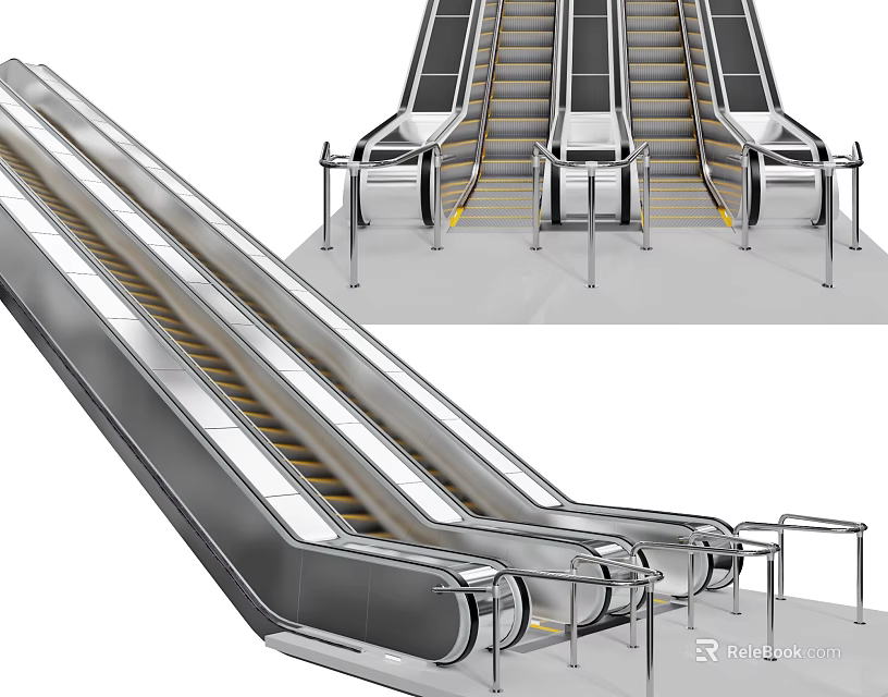 Modern Escalator Featuring Stainless Steel Handrails Safety Steps And Yellow Strips 3d model 