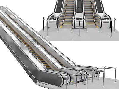 Modern Escalator Featuring Stainless Steel Handrails Safety Steps And Yellow Strips 3d model