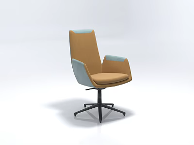 Comfortable Office Chair With Brown And Light Blue Upholstery Armrests And Black Five Pointed Base 3d model