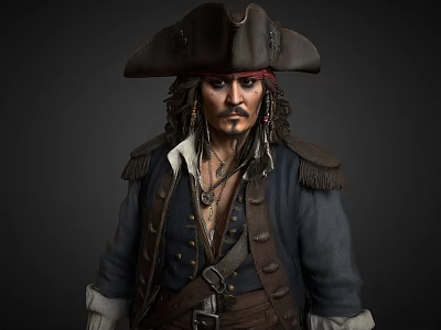 Game Movie Character With Pirate Style Tricorn Hat Long Hair And Buttoned Coat 3d model