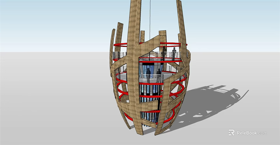 Unique Modern Tower Design With Wooden Exterior Red Accents Glass Curtain Walls And Observation Decks 3d model 