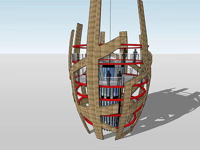 Unique Modern Tower Design With Wooden Exterior Red Accents Glass Curtain Walls And Observation Decks 3d model