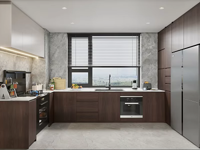 Modern Kitchen Interior Featuring Dark Wood Cabinets White Countertop And Stainless Steel Appliances 3d model