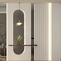 Modern Foyer Hallway With Glass Screen Pendant Light Decorative Vase And Green Plant