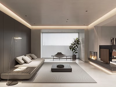 Modern Living Room Interior With Gray Sofa Floor Lamp Coffee Table And Fireplace 3d model
