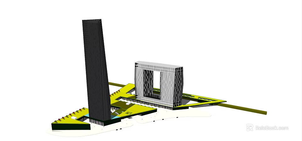 Modern Office Building Complex With Tall Tower Square Structure And Glass Facade 3d model 
