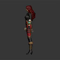 Game Movie Character with Red Hair Black Outfit Gold Red Accents Green Glowing Combat Gear