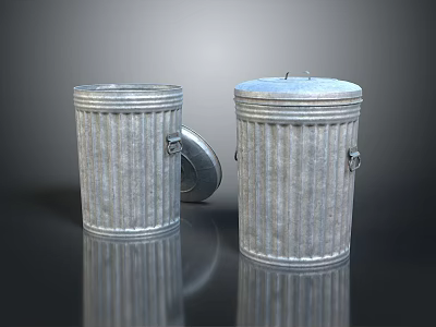 Two Ribbed Metal Trash Cans With Shiny Galvanized Finish And Open Lid 3d model
