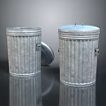Two Ribbed Metal Trash Cans With Shiny Galvanized Finish And Open Lid