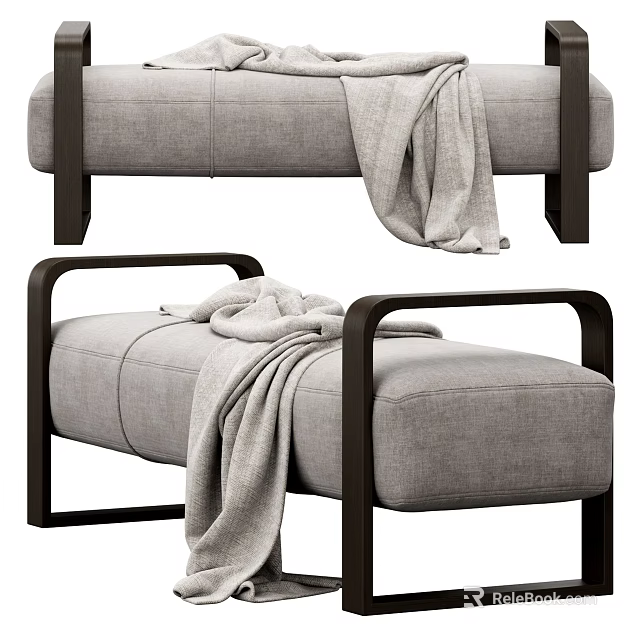 Modern Gray Fabric Ottoman with Wooden Armrests and Soft Blanket for Living Room 3d model 