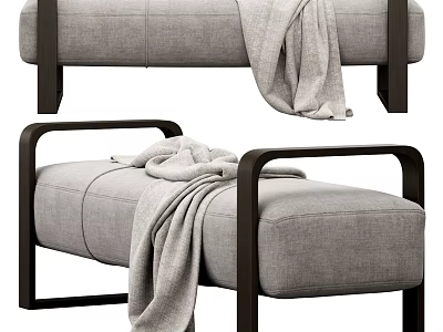 Modern Gray Fabric Ottoman with Wooden Armrests and Soft Blanket for Living Room 3d model