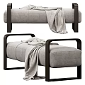 Modern Gray Fabric Ottoman with Wooden Armrests and Soft Blanket for Living Room
