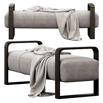 Modern Gray Fabric Ottoman with Wooden Armrests and Soft Blanket for Living Room 3d model