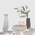 Stylish Decorative Ornament Set with Transparent Glassware Textured Ceramic and Green Leaf Vase