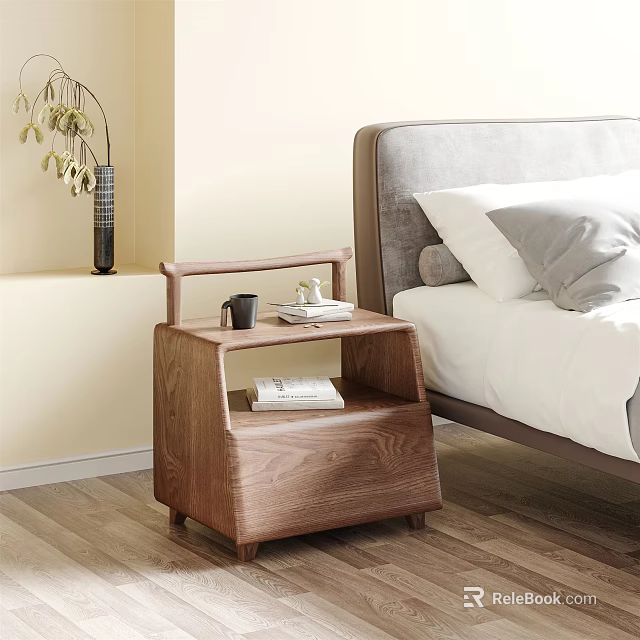 Modern Wooden Nightstand with Cup Books and Open Shelf Next to Bed in Bedroom Interior 3d model 